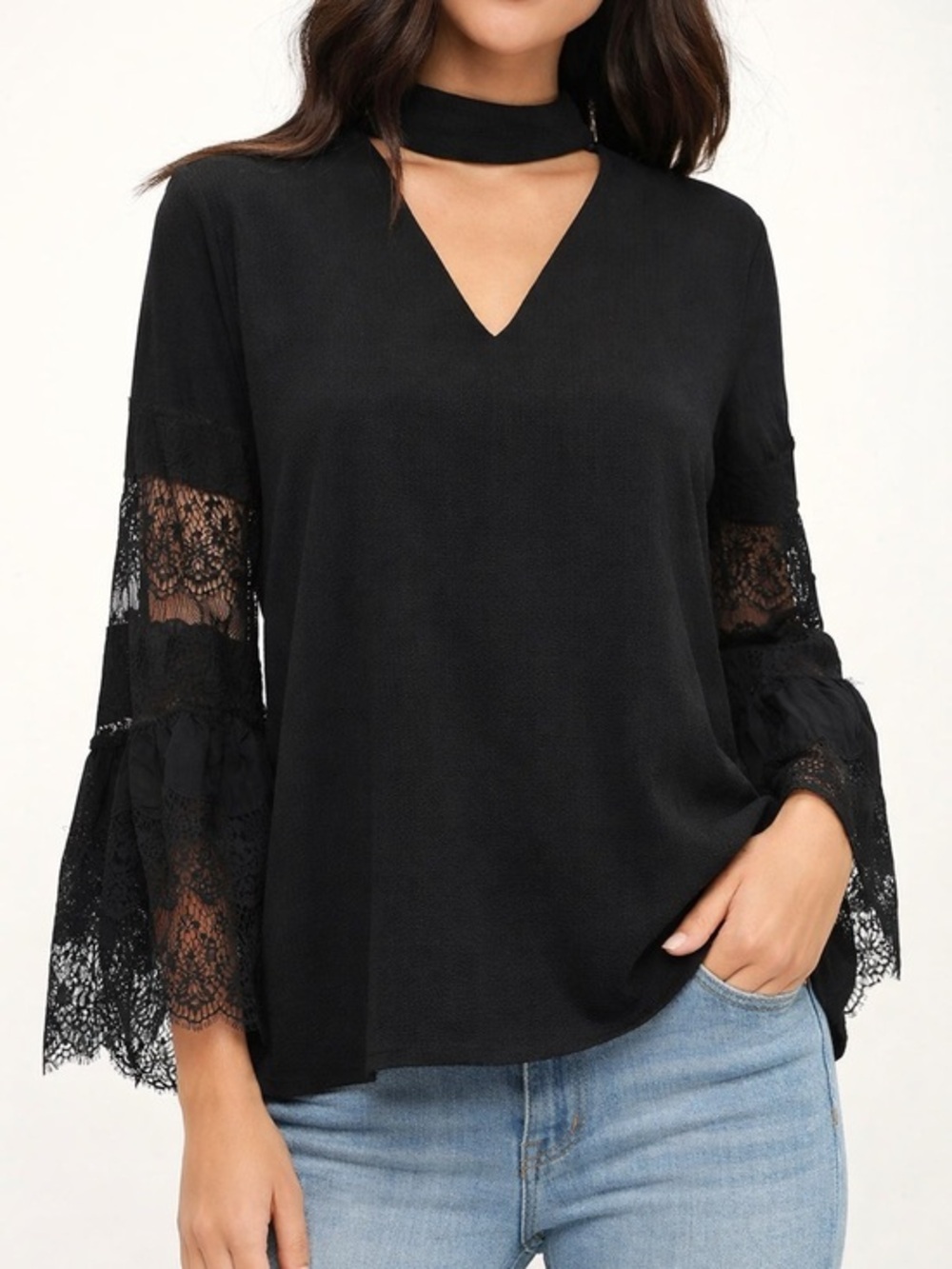Lulus Black Cutout Choker Neck Lace Bell Sleeves Sheer Boho Top Blouse S